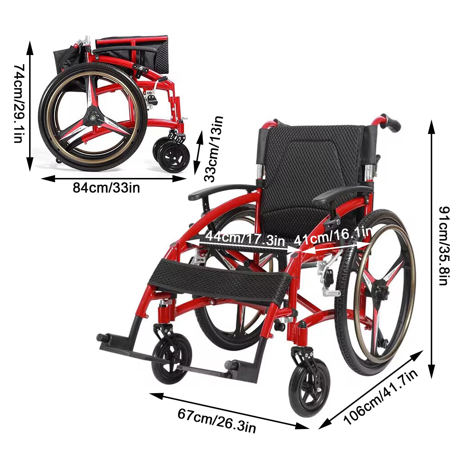 Silla De Ruedas Deportiva Todo Terreno,Silla de Ruedas Plegable Ultra-Ligera de Aluminio con Freno,sillas de Ruedas manuales autopropulsadas,diseño de Doble Freno