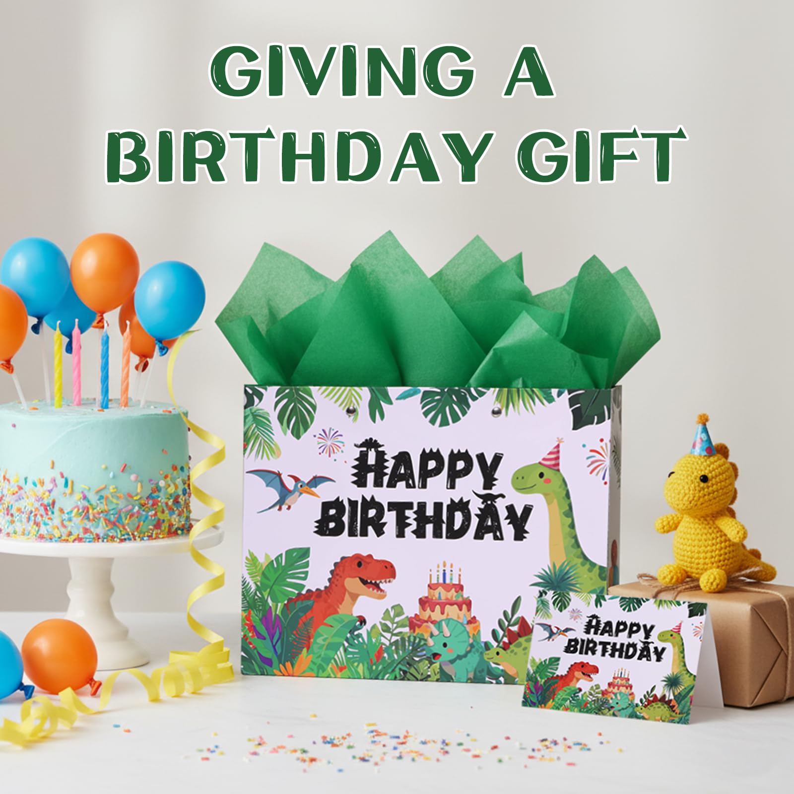Lednica Dinosaur Happy Birthday Gift Bag with Tissue Paper, Envelop and Greeting Card, T-Rex Paper Gift Bags for Kids Boys Girls, Green Dino Party Favors Supplies, 11.8"x9.5"x5.3"