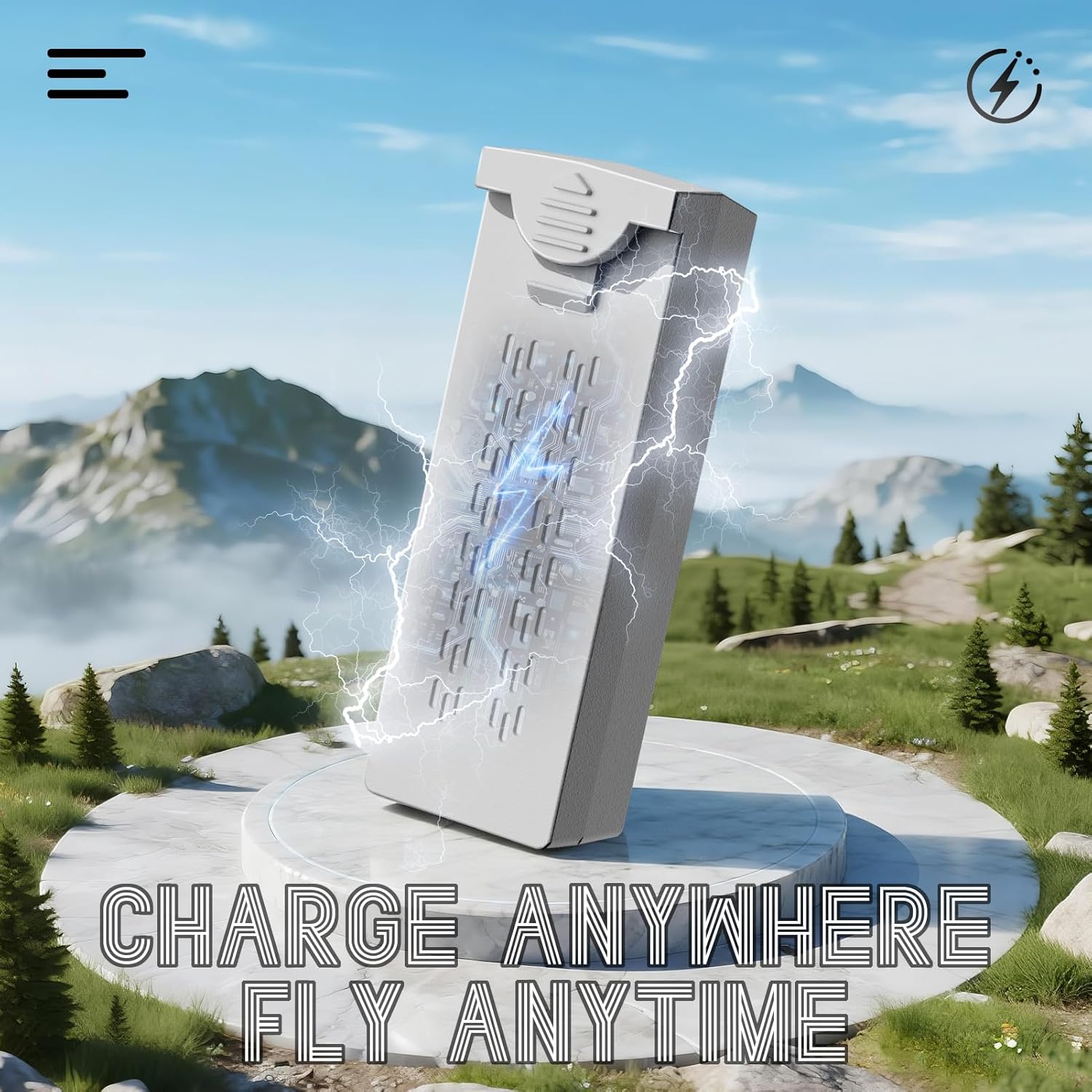 Drone battery being charged with a lightning bolt graphic.