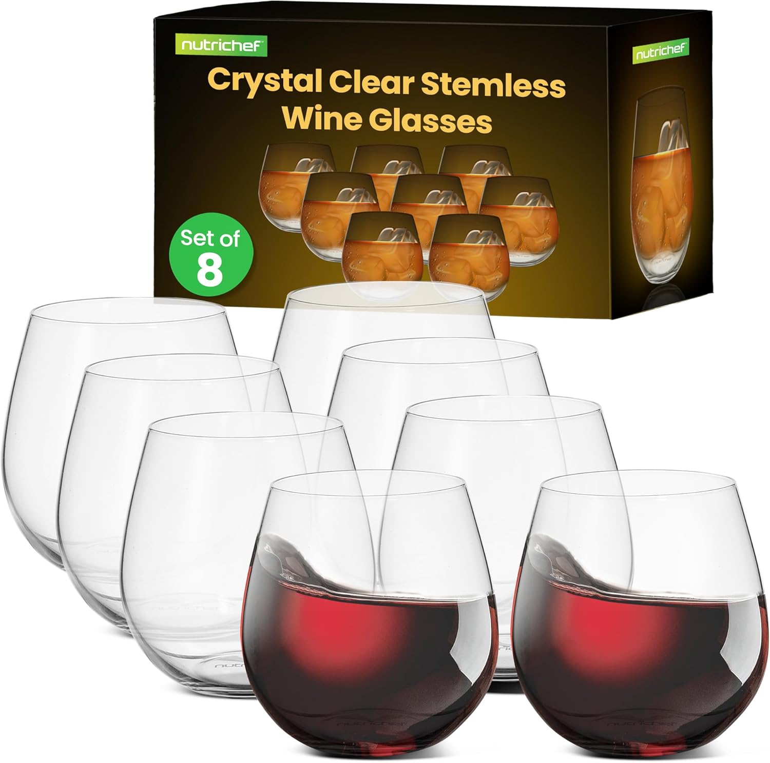 NutriChef 8-Piece Stemless Wine Glasses Set, 15 oz Ultra Clear Hand-Blown Glass Wine Glasses, Elegant Glass Set for Red & White Wine, Durable Design, Set of 8, Dishwasher Safe
