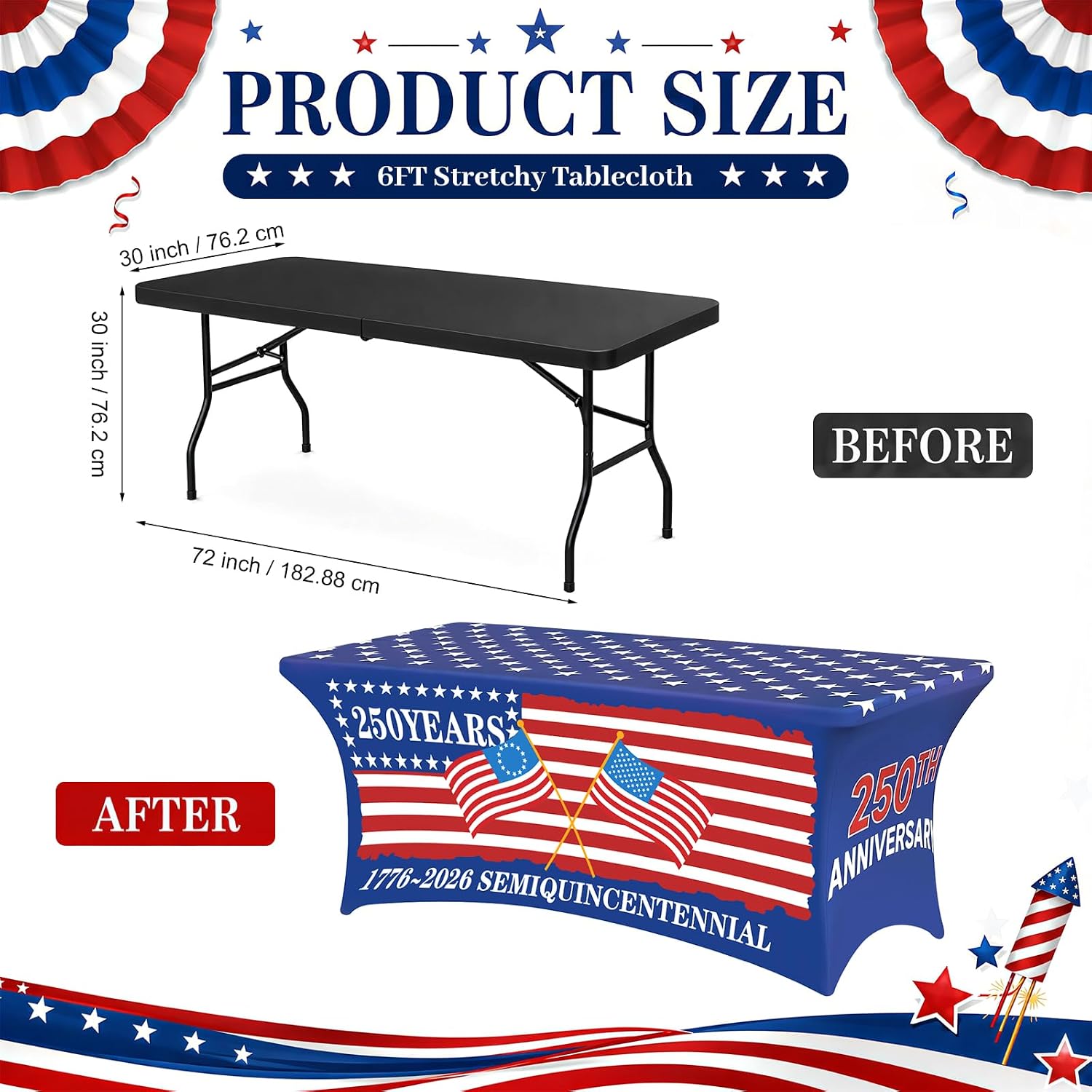 Lawnldyll 2 Pack 4th of July Spandex Tablecloth, 6 Ft 250th Anniversary Fitted Stretch Rectangle Table Cover, Patriotic American Flag Table Cloth for Independence Day Memorial Day Party Celebration