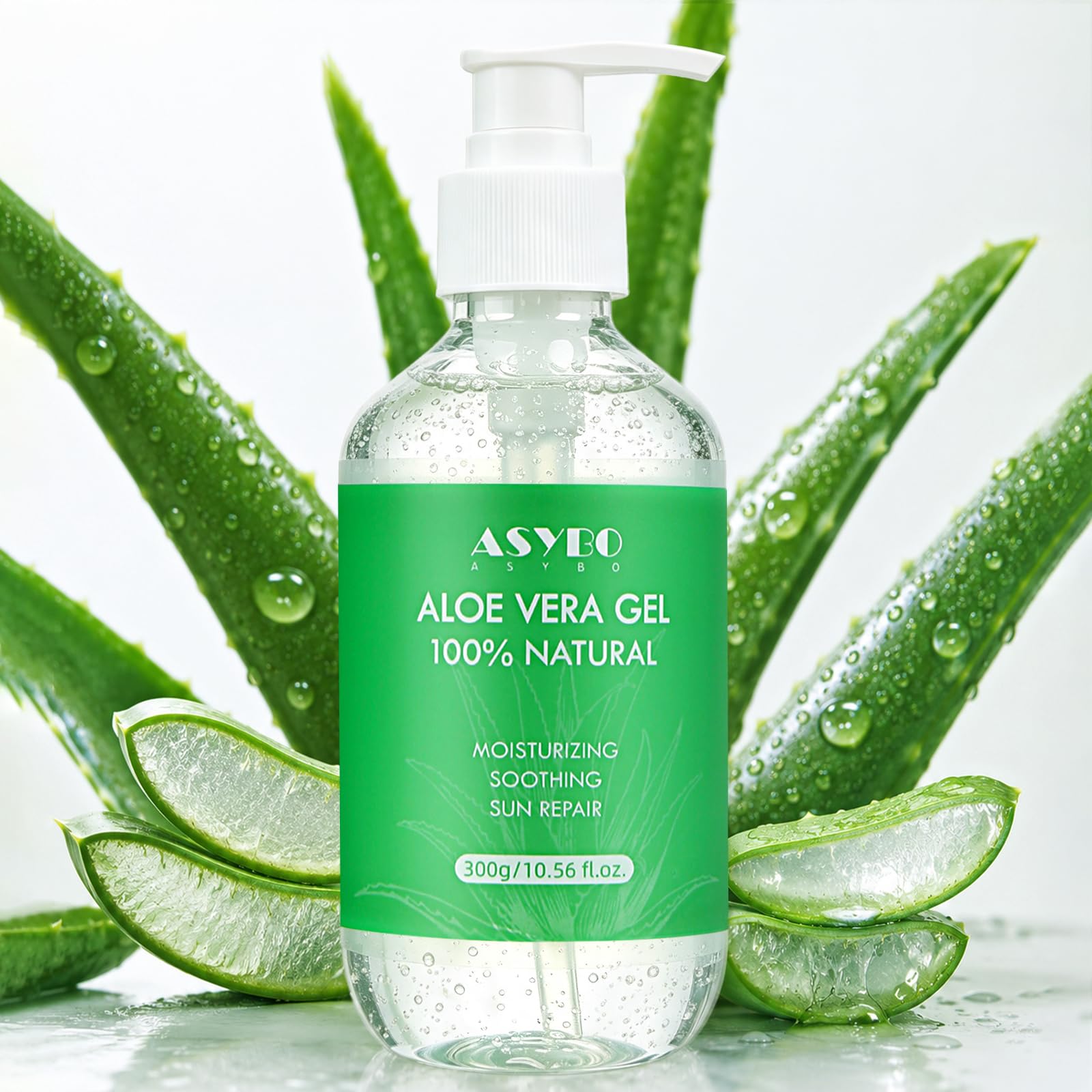 ASYBO Aloe Vera Gel 300 ml – 100% reines Aloe Vera für Gesicht, Körper, Haar, beruhigende und nähren feuchtigkeitsspendende Aloe-Creme für trockene Haut, Sonnenbrand, Akne, After-Sun-Lotion