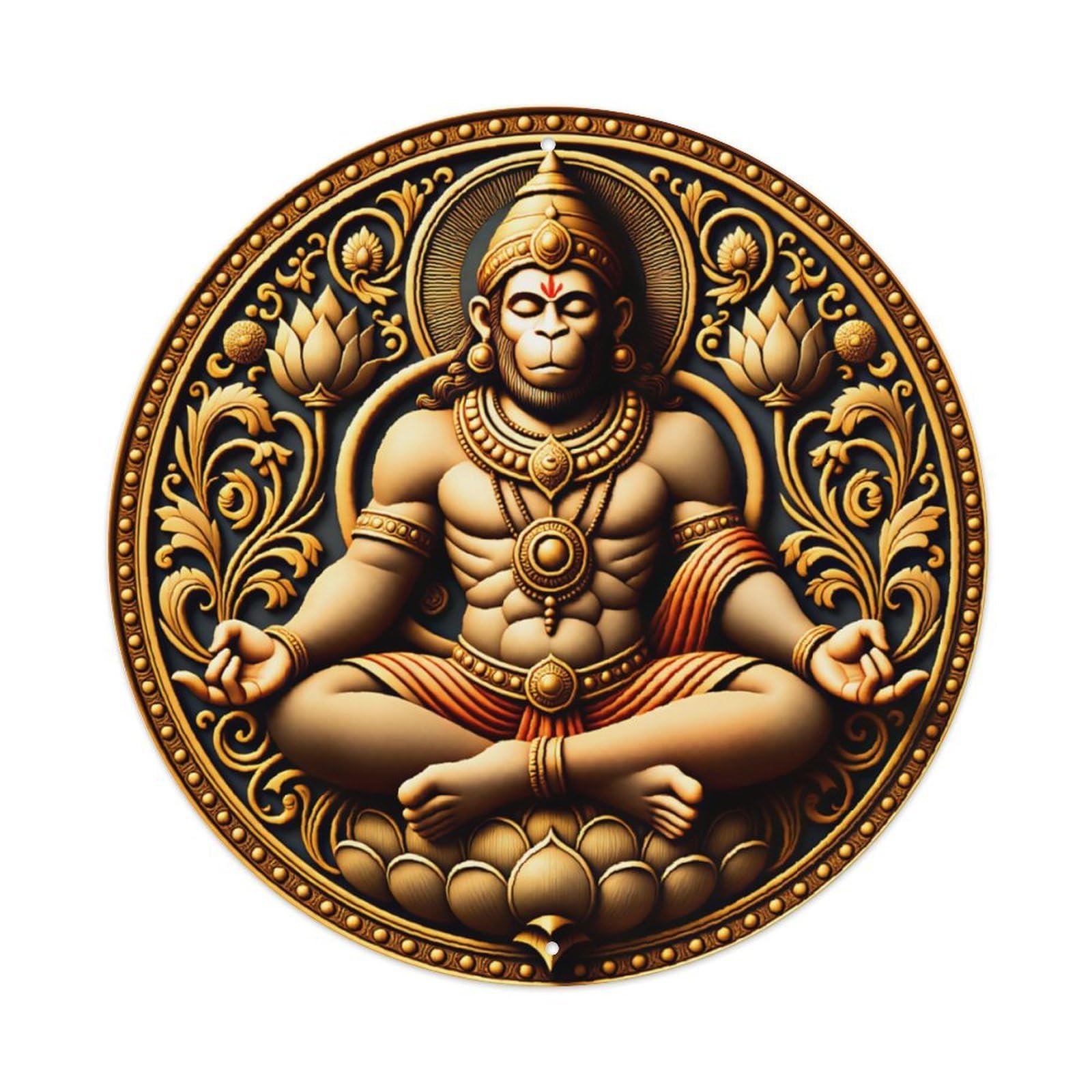 Ldfuieksufg Style Round Gold Hanuman Lotus Indian Religious Vintage Metal Wall Sign Vintage Aluminium Metal Sign, Retro Wall Decor For Home, Bar, Garage & Farmhouse 20X20cm