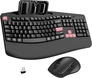 Wireless Keyboard and Mouse Combo, Full Size Ergonomic Wave Keys(Pink-B)