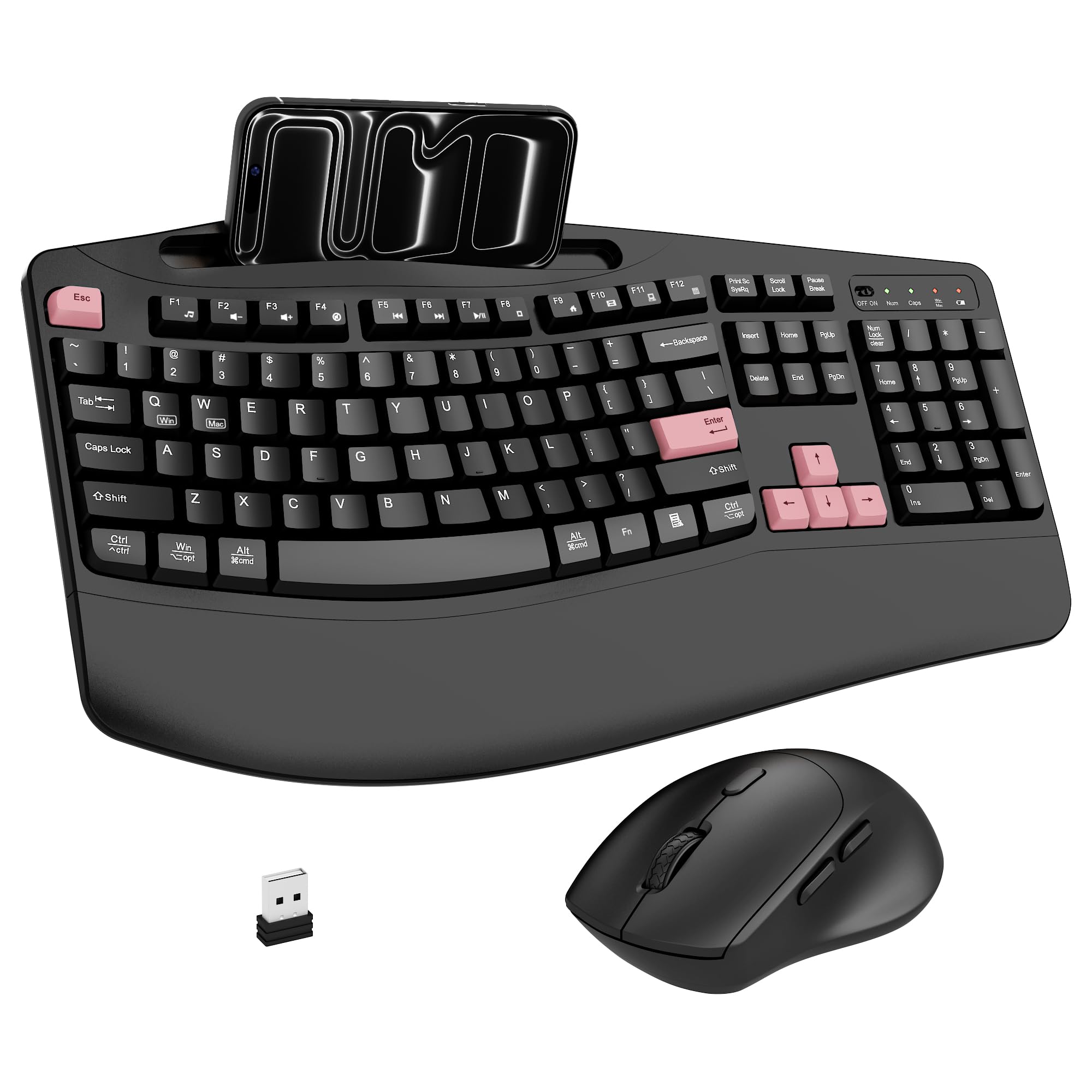 Photo 1 of ** ONLY PARTS** Wireless Keyboard and Mouse Combo, 2.4G Full Size Wave Keys Ergonomic Keyboard with Wrist Rest, Phone Holder, 3-Level DPI Wireless Silent Mouse with 6-Buttons, for Windows (Pink)