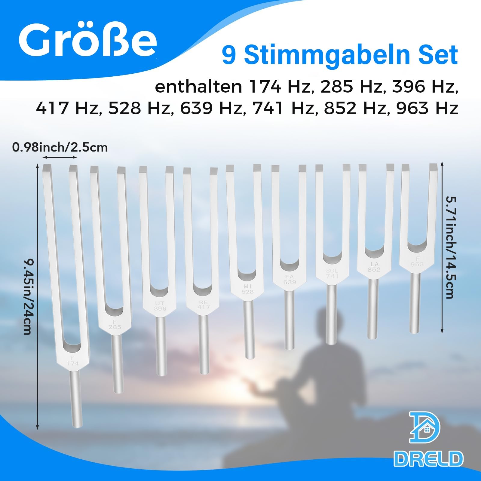 DRELD 9 PCS Solfeggio Stimmgabel Set Chakra Stimmgabeln mit Holzrahmen Tasche Hammer für Heilung Klangtherapie Ausgleich Vibration (174HZ 285HZ 396HZ 417HZ 528HZ 639HZ 741HZ 852HZ 963HZ) Silber