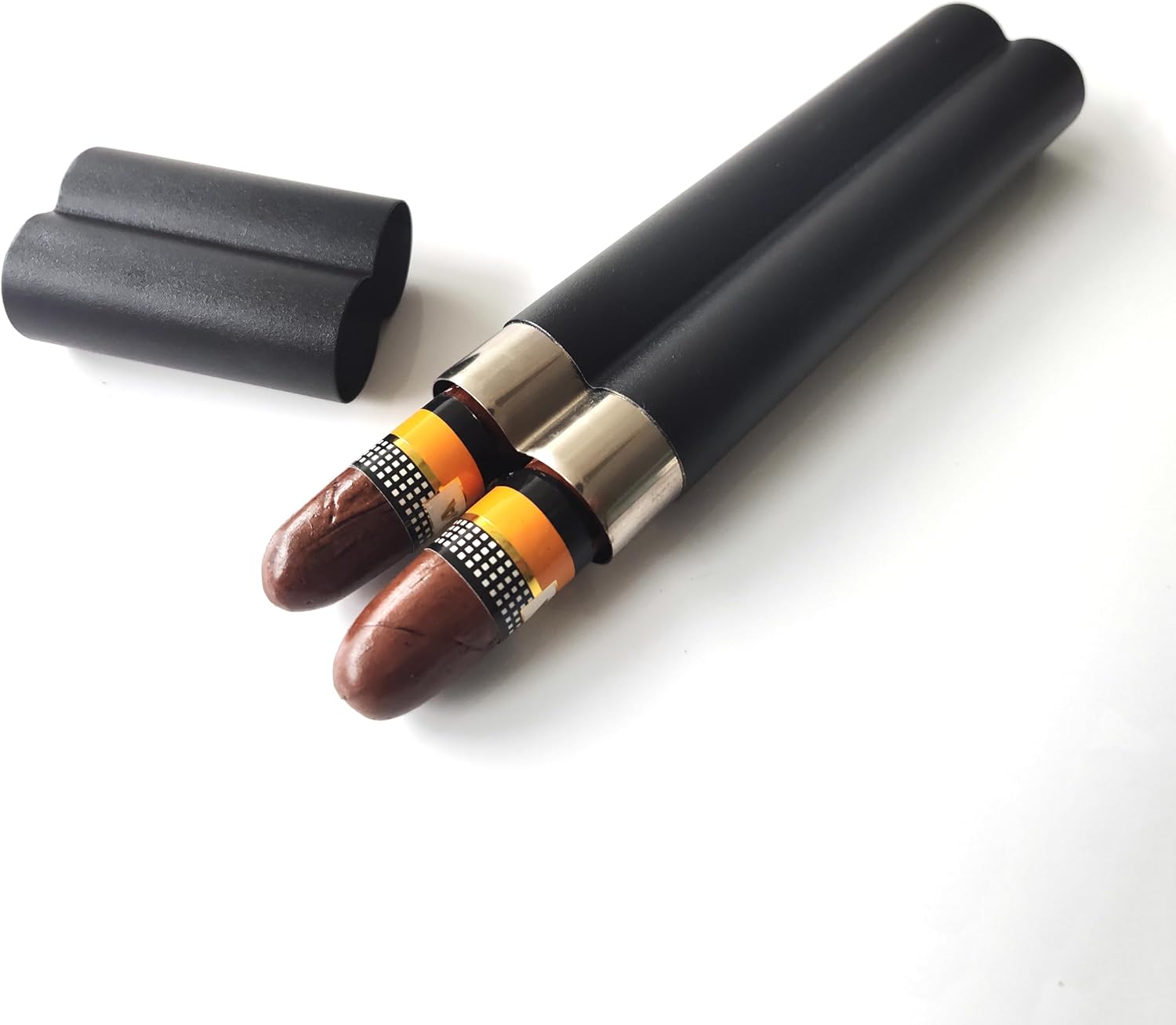 Black Powder Coat Stainless Steel Cigar Case 2-Finger Cigar Tube Pocket Cigar Holder