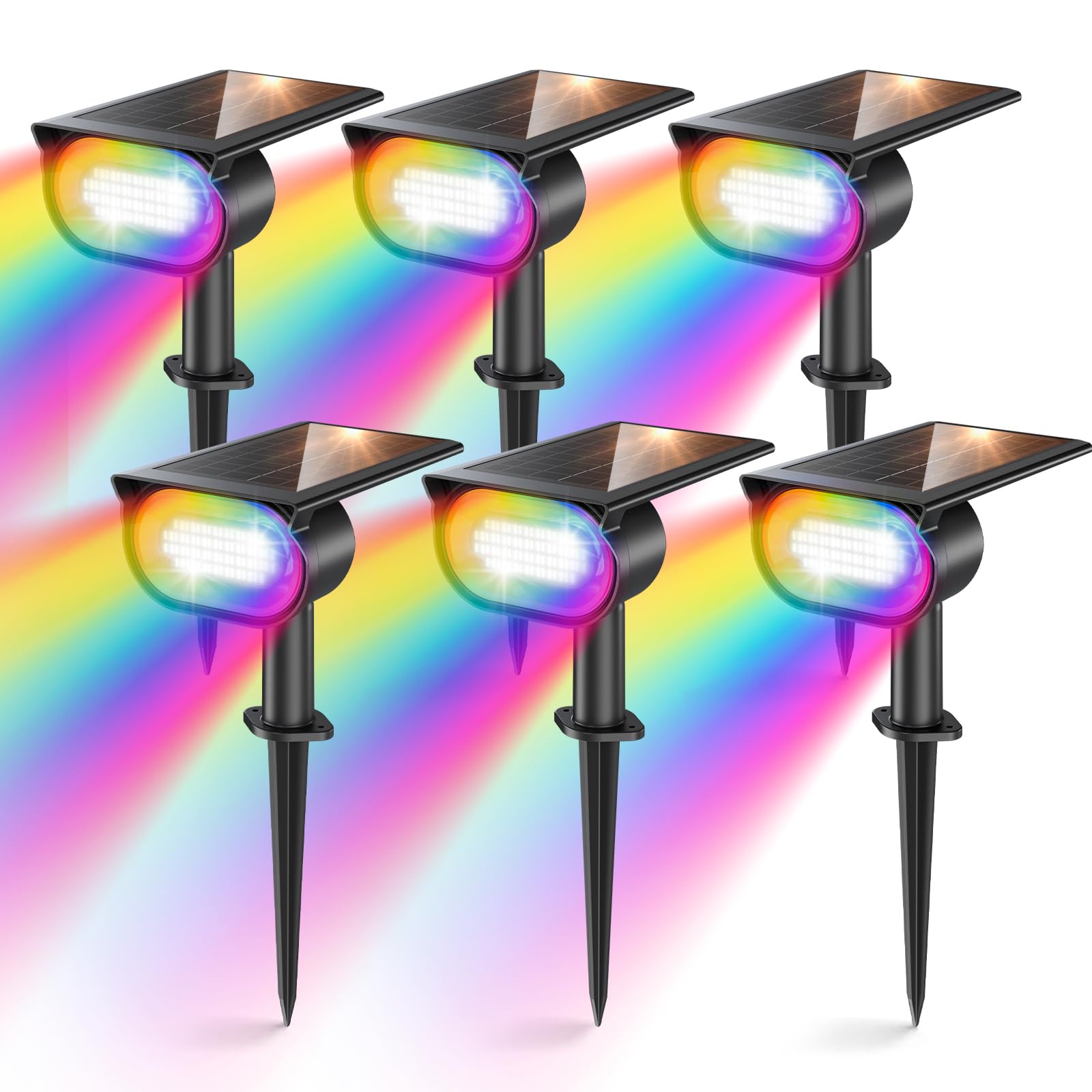 Quntis 6-Pack RGBCW Solar Spot Lights,13 Light Mode Color Changing Solar Landscape Spotlights, IP65 Waterproof Solar Garden Lights, Wall & Ground Solar Lights Outdoor for Yard Patio Path Garage Wall