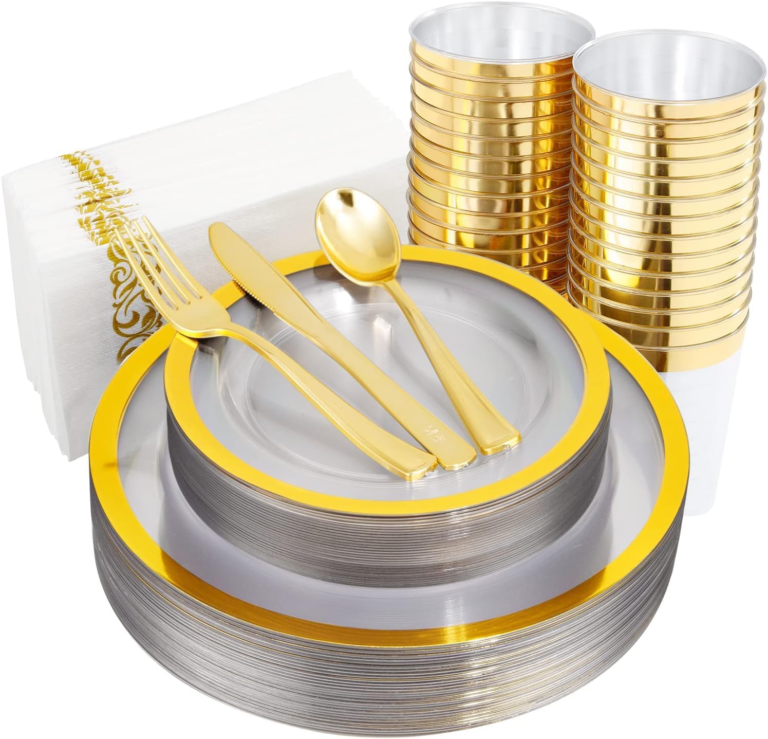 YOUBET 210PCS Thanksgiving Plastic Plates - Heavy Duty Clear Gold Disposable Plates Includes 30 Dinner Plate, 30 Dessert Plate, 30 Gold Cups, 30 Napkins for Party & Wedding