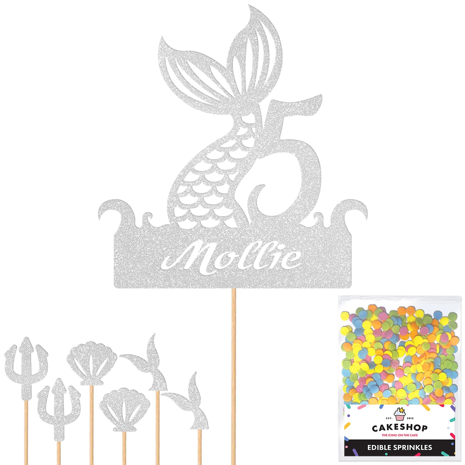 Personalised Birthday Mermaid Tail Glitter Cake Topper Silver Any Custom Age & Name Glitter Cake Decoration and Sprinkles - Happy Birthday Decorations - Personalised Toppers for Cakes by Cakeshop — image 1
