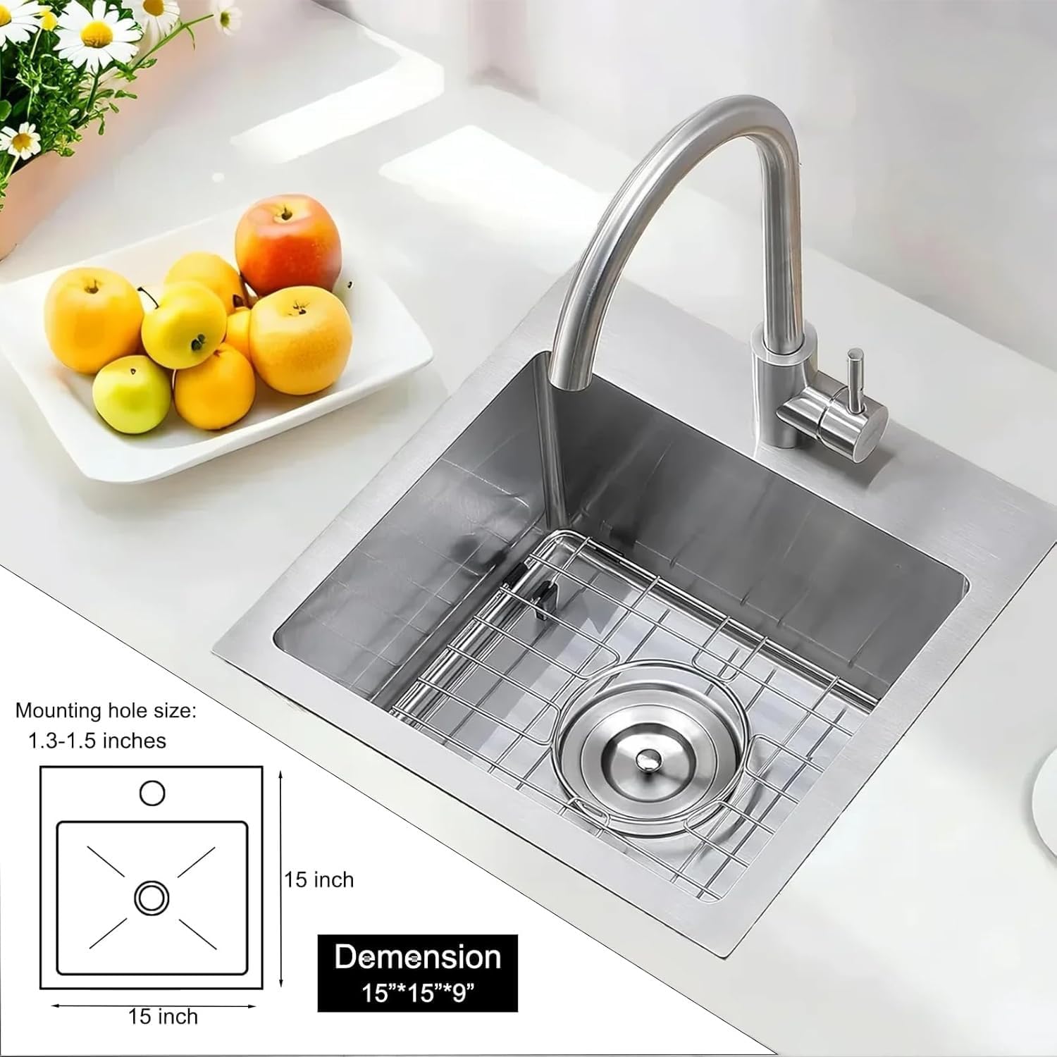 VAPSINT 15x15 Inch Drop In Bar Sink, Topmount Single Bowl Handmade 16 Guage Stainless Steel Small Kitchen Sink for Wet Bar Prep RV Outdoor with Grid & Drain Strainer