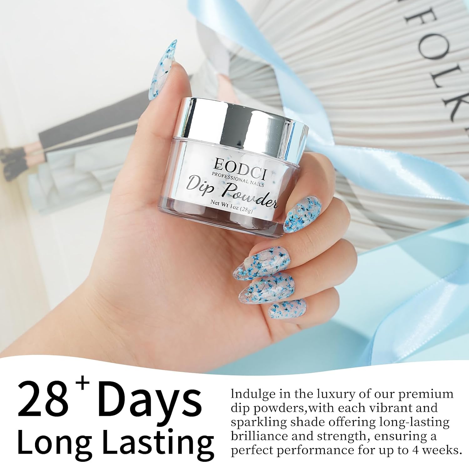 EODCI Dip Powder Nail Transparent Crystal Dried Flower, Blue Color Dipping Powder - Nail Art Starter Manicure DIY No Needed Nail Lamp Curing Nail Color for Professionals & At-Home DIY - 1 oz