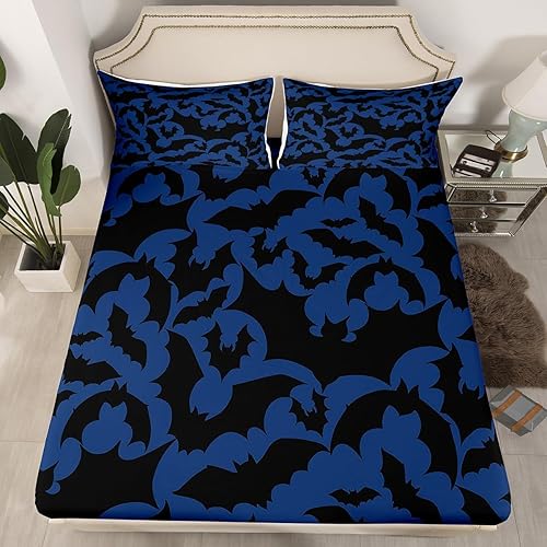 Miniatura 4 de Castle Fairy Juego de sábanas con temática de Halloween, tamaño King, con estampado de animales de murciélagos negros, sábana bajera con bolsillo