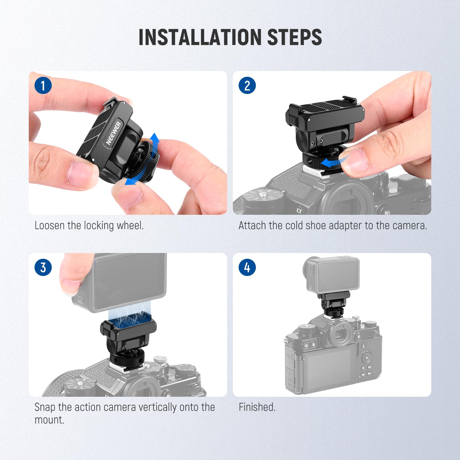 NEEWER Adapter montażowy kompatybilny z DJI Osmo Action 5 Pro/4/3, metalowy magnetyczny uchwyt do kamery sportowej Quick Release z nachyleniem 160°, zimna stopka, gwint 1/10.2 cm, AC012