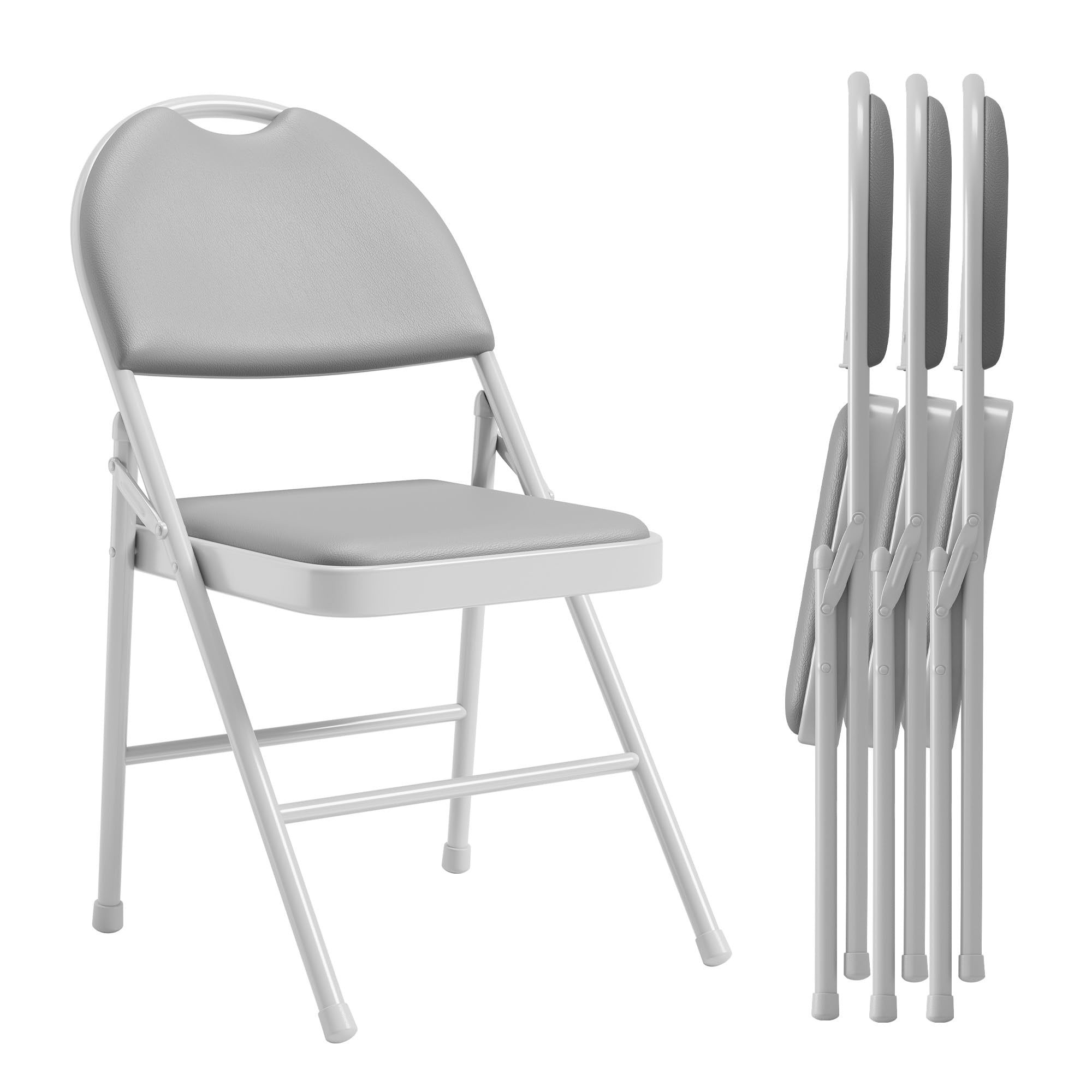 coucheta 4 Pack Black Folding Chairs,Folding Chairs Set of 4 with Padded Seats,PU Leather Foldable Dining Chairs for Guests Kitchen Office (1, Grey)