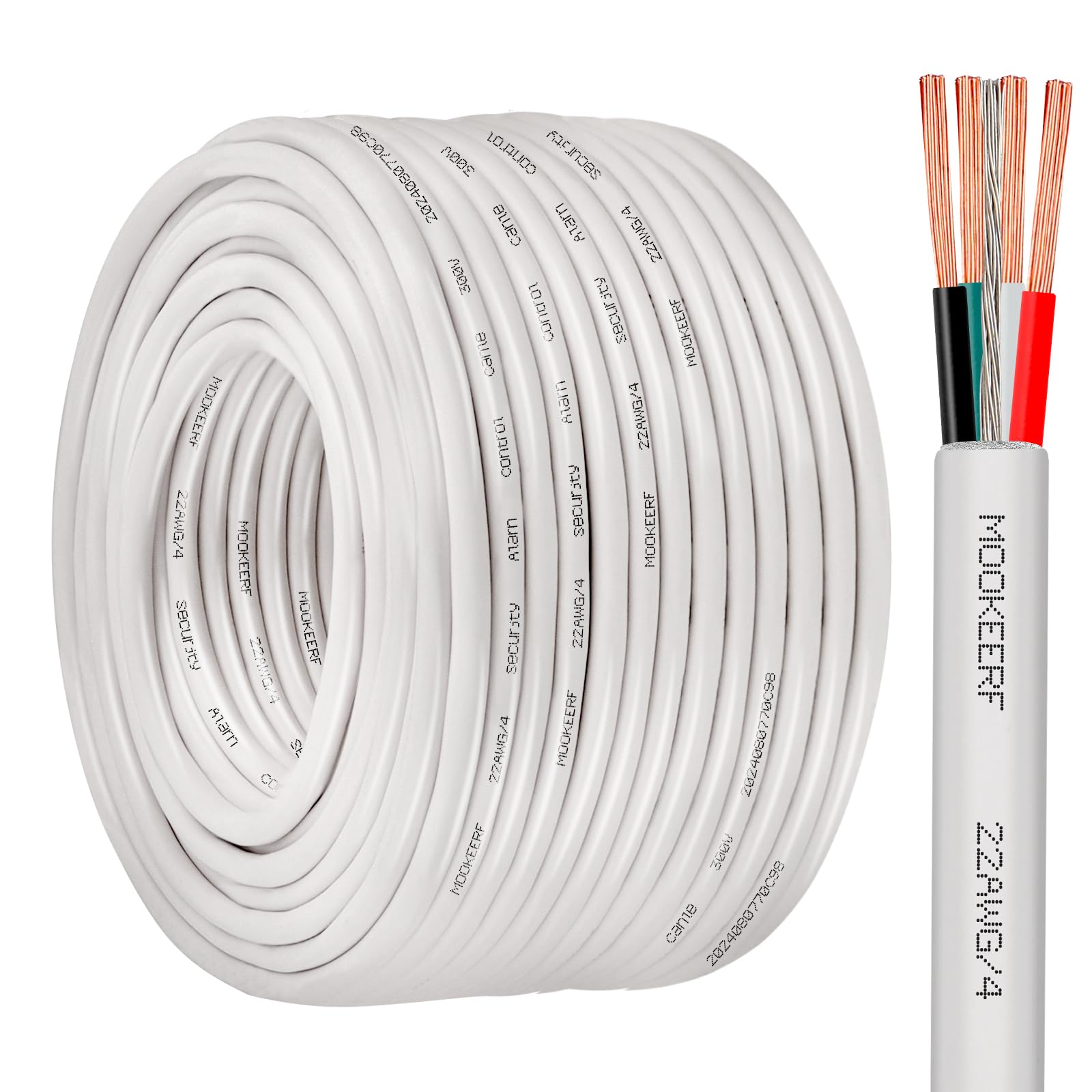 MOOKEERF Cable plenum blindado trenzado de 4 conductores de 22 AWG, 100 pies, 22/4, cable blindado blanco CL3P para seguridad, alarma, control de acceso, sonido