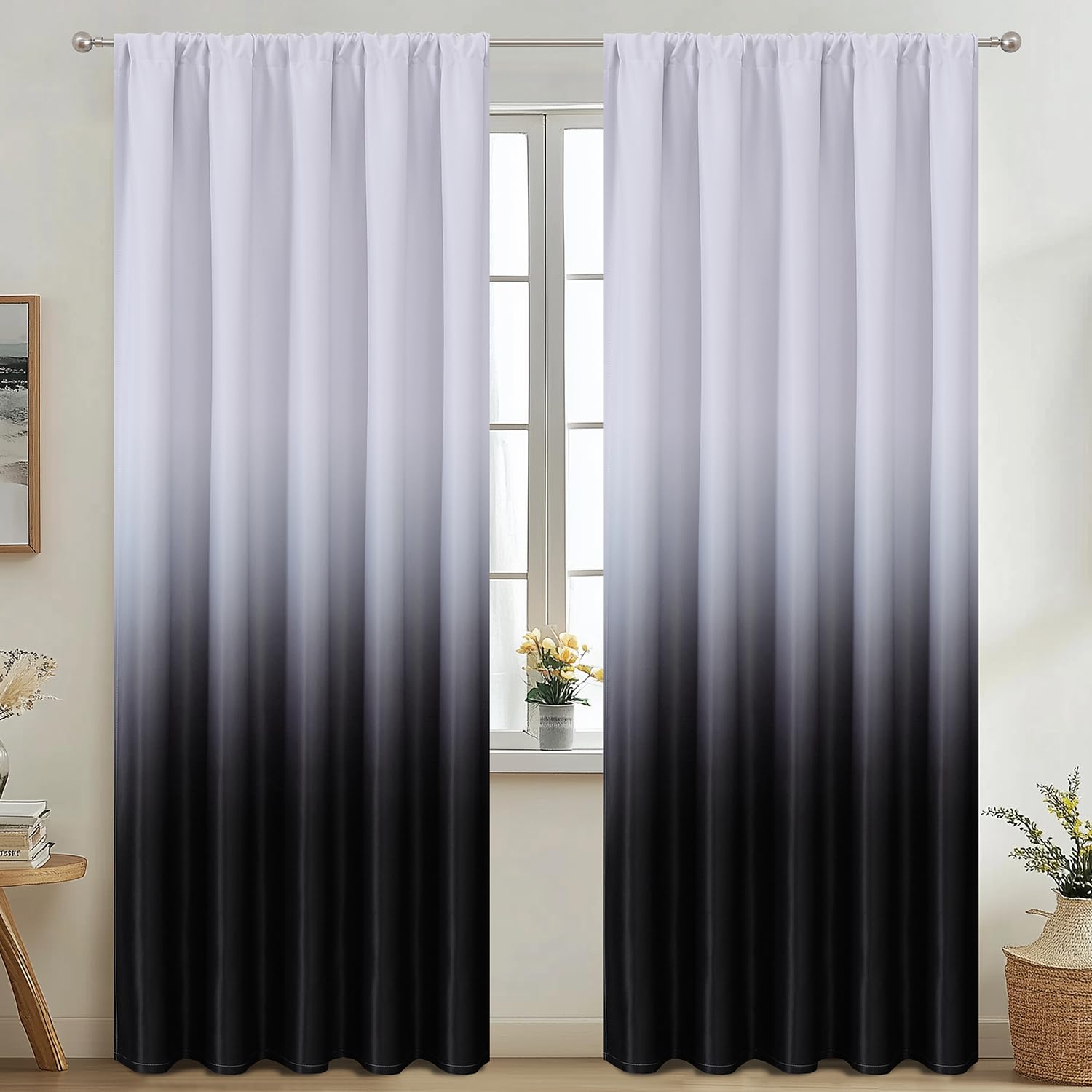 VEHEDE Black and White Ombre Blackout Curtains, 66 Inch Wide Room Darkening Drapes - Image 3