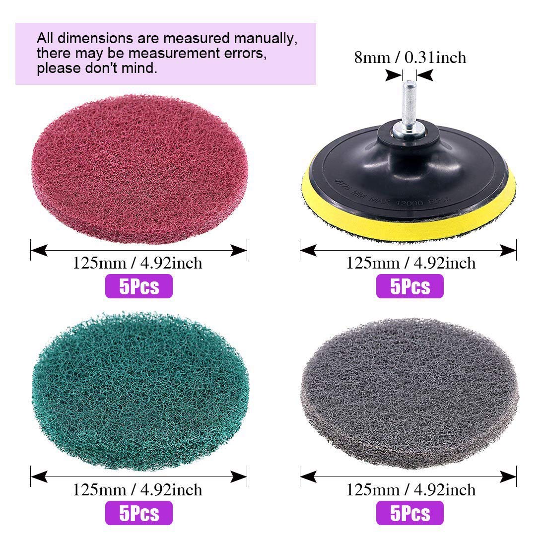 16 PièCes de 5 Pouces 3 Couleurs DifféRentes Peu Brosse Brosse à RéCurer Kit de Nettoyage de Tampon de RéCurage, Remplacement de Tampon Abrasif 1 Crochet Accessoire