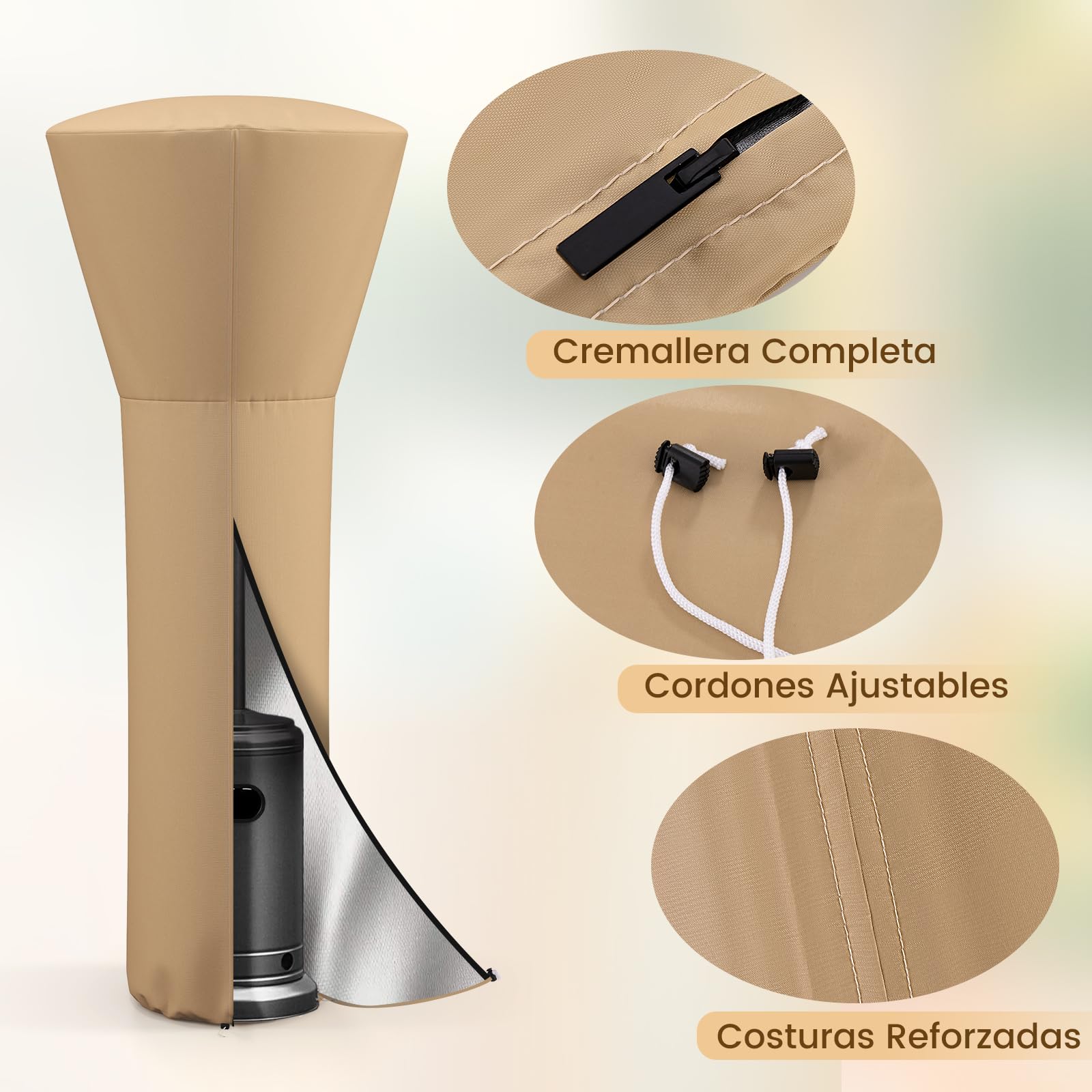 COSTWAY Funda para Calentador de Patio, Cubierta Impermeable para Calentador Exterior de Tela Oxford con Cremallera y Bolsa, contra Rayos UV, Resistente a la Intemperie, 220x86,5x48 cm (Beige)