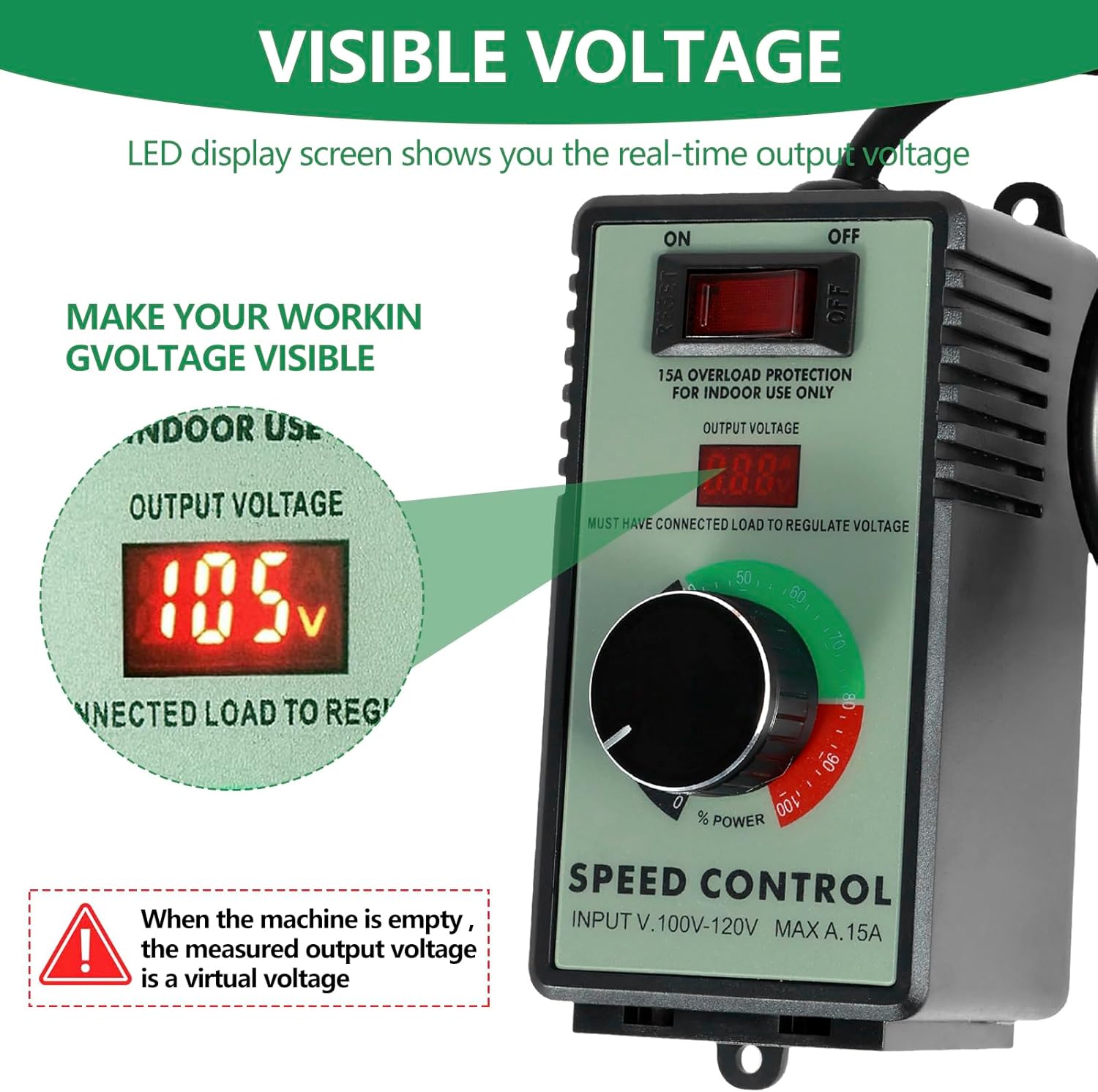 AC Motor Speed Controller, 110-120V 15A 4000W Variable Speed Controller Regulator, Precise Safe Electronic Fan Variable Speed Adjuster with Overload Protection Switch, Line Length: 39.3"
