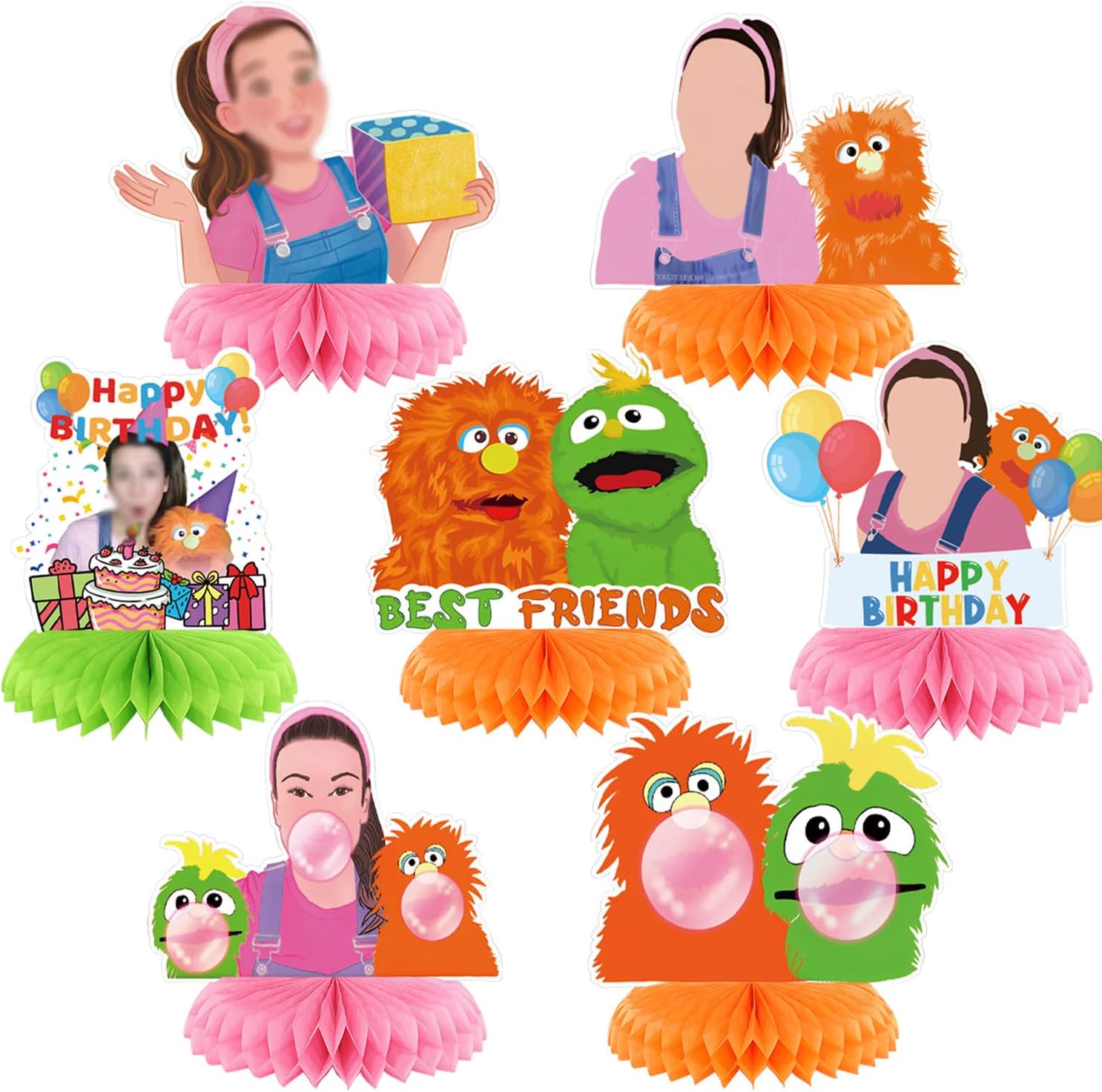 Rachel Girls Party Decorations Honeycomb Centerpiece, 7 Pieces English Teacher Theme 3D Double Side Cake Toppers Table Centerpieces, Photo Backdrop for Fans Birthday Party Decorations