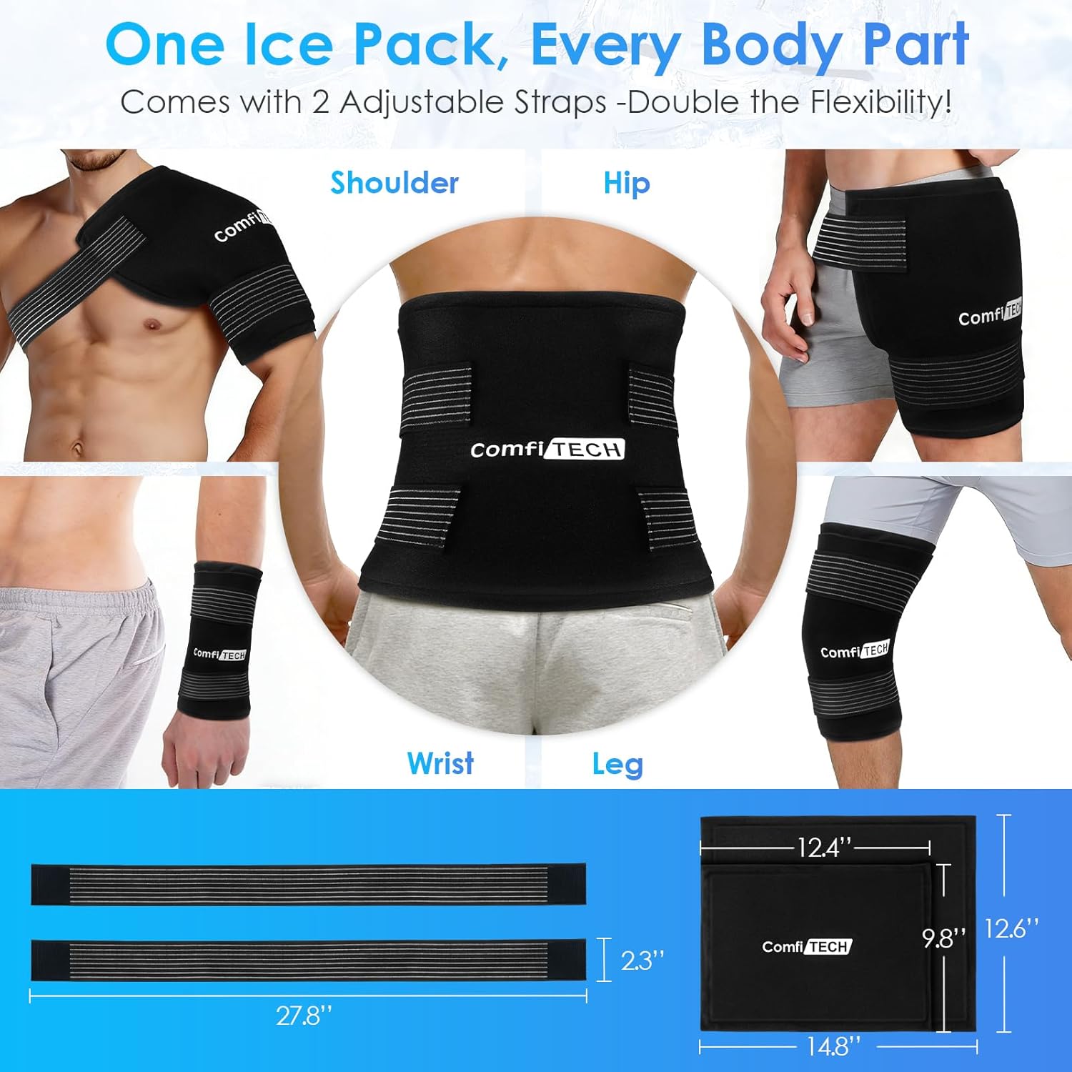 ComfiTECH Reusable Ice Pack, Soft Multipurpose Gel Cold Compress with 2 Adjustable Straps for Hands-Free Relief on Back, Shoulder, Knee, Hip, X-Large Oversized Wrap for Minor Aches & Pains, 12" x 15"