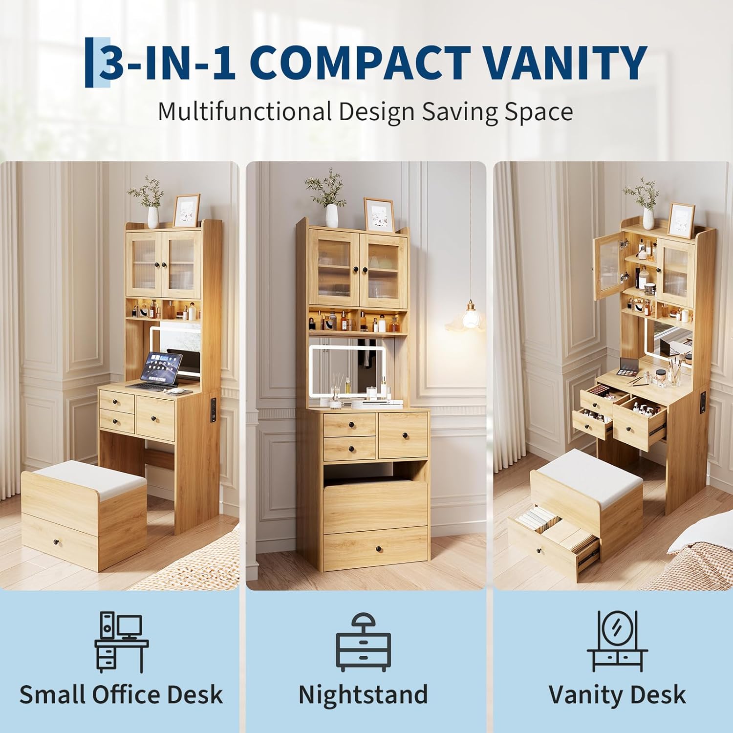 Garvee 3 in 1 Vanity Desk with LED Light, Tall Makeup Vanity Set with 2 AC Outlets & USB-c, Dressing Table with Drawers & Acrylic Doors, Nightstand Vanity Mirror, Jewelry Box, Cushioned Chair, Natural
