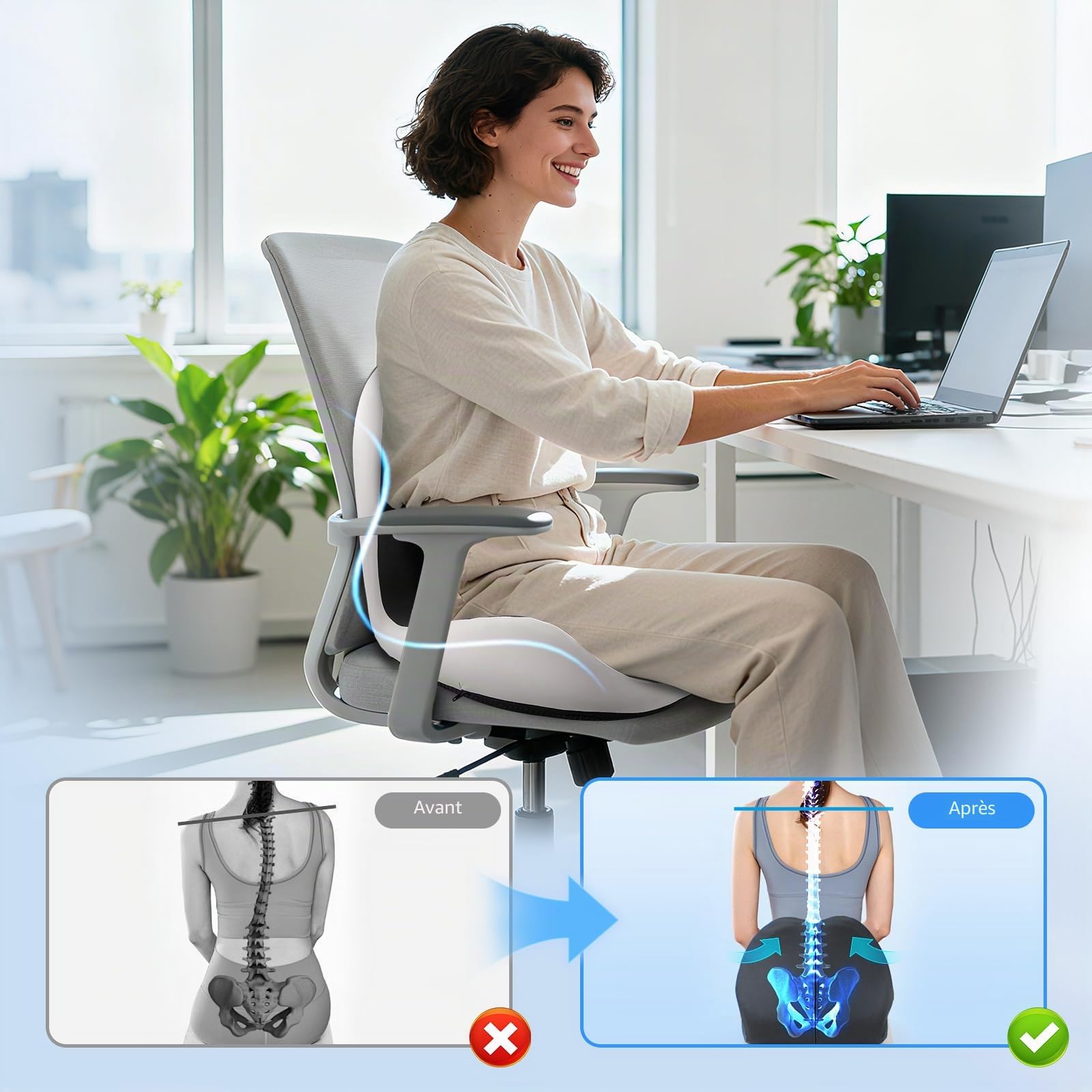 Coussin Chaise Lombaire, Coussin de Siège en Mousse à Mémoire, d'assise Orthopédique avec Dossier, Ergonomique, Memoire Forme Plusieurs Zones Fonctionnelles, pour Bureau Coussins Siège de Voiture