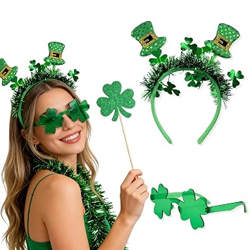 St. Patricks Day Headbands and Four-Leaf Clover Glasses Set Irish Hat Hair Band Green Shamrock Hair Accessories for Women Irish Festive Cosplay Costume st patrick Parade Party Decoration Supplies