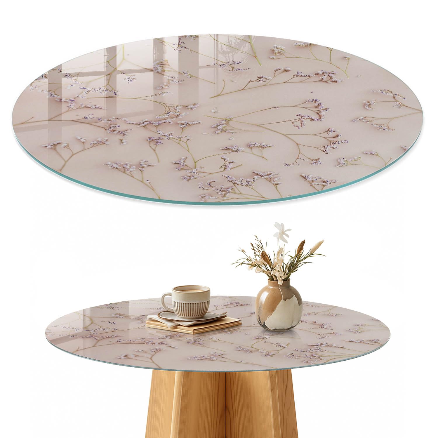 Placa de Cristal 100 cm | Redondo | Espesor 4 mm | Bordes Pulidos | estampado floral | para la Cocina y Salón | Vetro Temperato | Pies Antideslizantes | con Impresión Decorativa