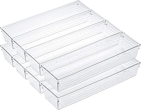 Kingrol 10 Pack 12 x 3 x 2 صواني منظم درج واضح ، صناديق تخزين مقسم درج المكتب ، مجموعة صندوق تخزين لمستلزمات مكتبية للحمامات