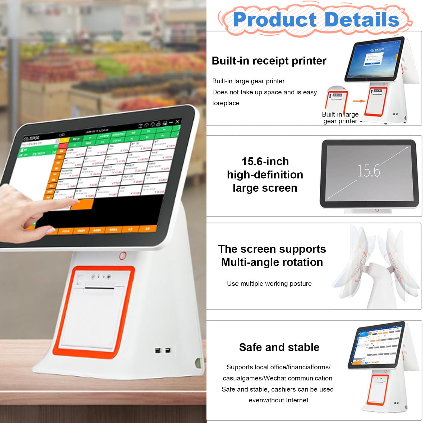 Caisse Enregistreuse Intelligente, Caisse Enregistreuse avec écran Tactile Double écran 15.6 Pouces, Processeur Double cœur, pour la Vente au Détail, la Restauration, l'hôtellerie White-B
