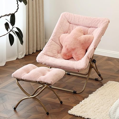 Welnow Cómoda silla platillo con otomana, silla de lectura plegable de gran tamaño para adultos con almohada, silla de salón de piel sintética suave