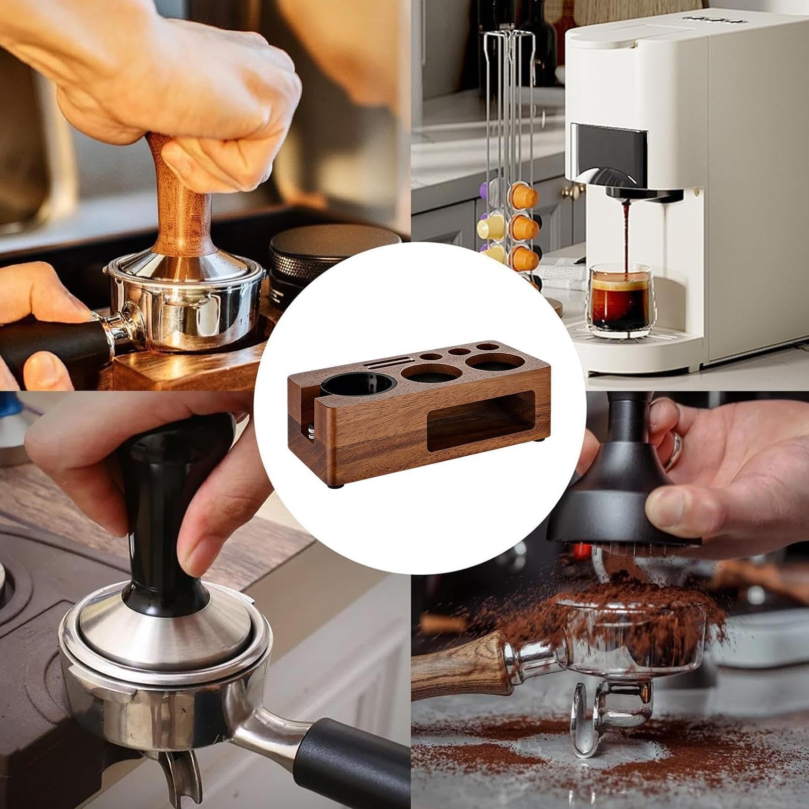 Stacja do ubijania kawy – drewniany organizer 24 cm, antypoślizgowy uchwyt na portafiltr, wielofunkcyjne przechowywanie espresso do ubijania, akcesoriów, domowej kuchni, baru i blatu