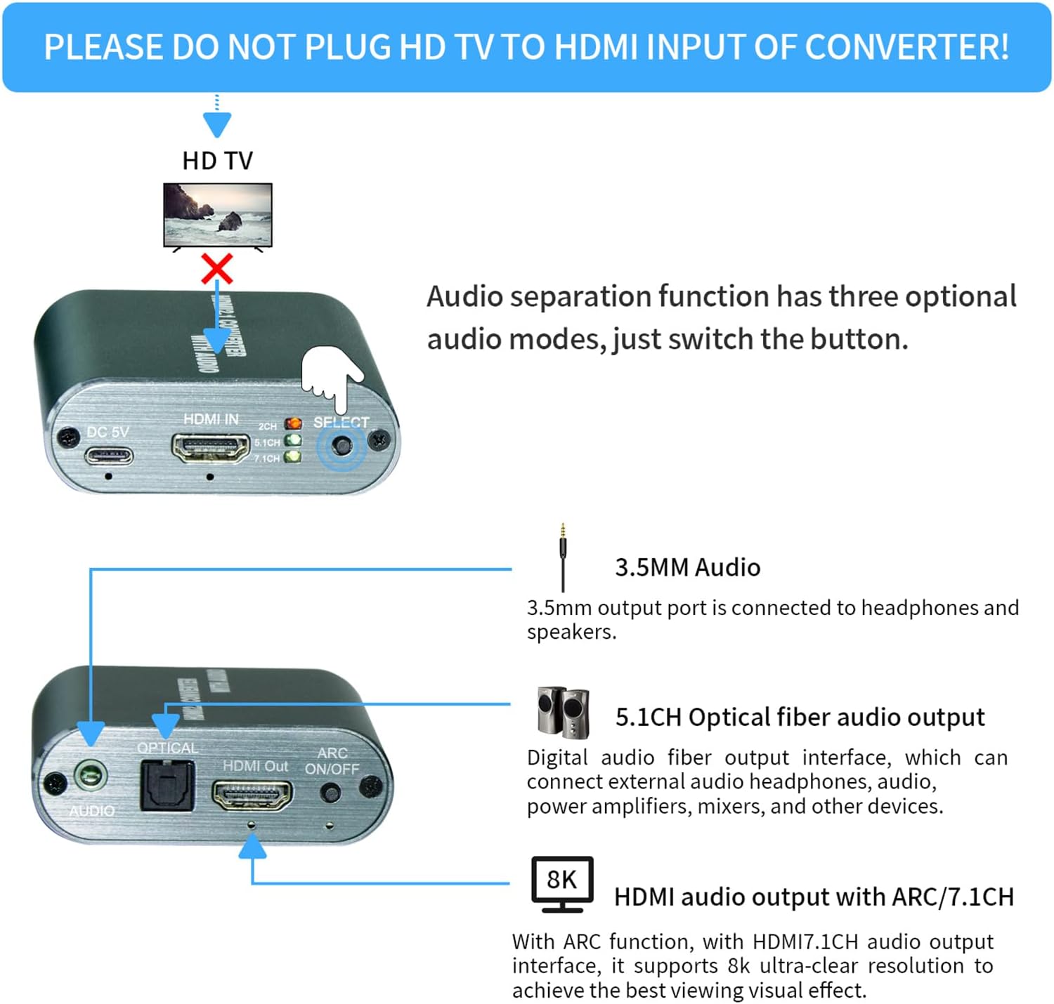 8K HDMI Audio Extractor,HDMI Audio Converter with Optical SPDIF Audio Output,Supports ARC,LPCM 5.1,LPCM 7.1,HDCP 2.3,PCM 2CH,Dolby and DTS All Formats (Black 101EA)