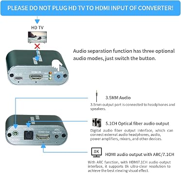 8K HDMI Audio Extractor,HDMI Audio Converter with Optical SPDIF Audio Output,Supports ARC,LPCM 5.1,LPCM 7.1,HDCP 2.3,PCM 2CH,Dolby and DTS All Formats (Black 101EA)