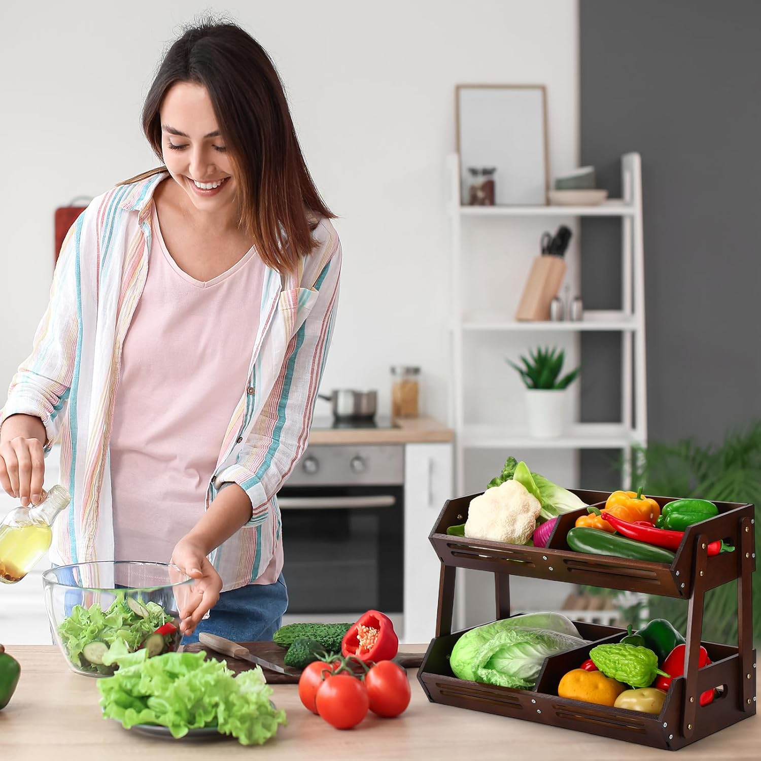 2 Tier Fruit Basket for Kitchen Counter Fruit Storage 16.5 Inch Large Wood Vegetables Basket with 4 Banana Hooks Bowl Stand Holder Snack Organizer Countertop Onion Bread Pantry(Pine Wood)