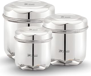 WALKN Stainless Steel Diamond Ubha Dabba Set of 3 Multipurpose Deep Storage Containers with Lids Tea, Coffee, Sugar, Spices Silver 250ml, 450ml, 625ml