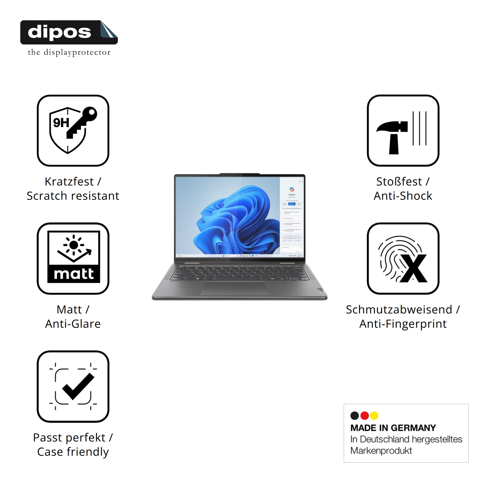 dipos 2x Pellicola 9H opaca per Lenovo Yoga 7i 2-in-1 Gen 9 83DJ00HRGE | Antiriflesso, non si rompe e non si scheggia, non è vero vetro, Anti-Shock, antigraffio, senza bolle, autoadesiva