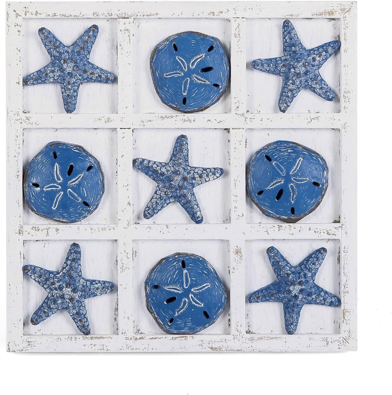 NIKKY HOME Beach Decor Tic Tac Toe Wood Board Travel Game for Family Starfish Sand Dollar Coastal House Coffee Tables Decor, 8.98 by 8.98-in Rustic Blue