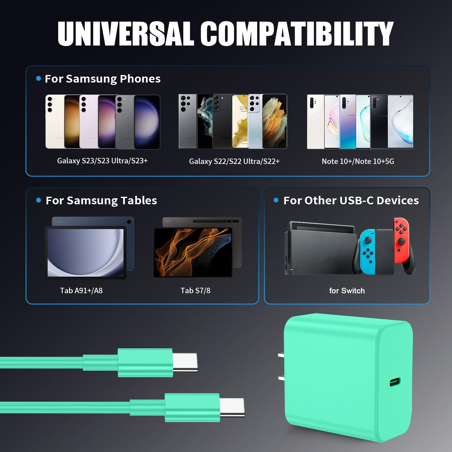 3Pack USB C Charger for Samsung Galaxy S24 Ultra, Super Quite Fast Charging Type C Block with 6FT C to C Cord for Samsung Galaxy Tab S9 S8 S23 Ultra S22 Ultra S23 S22 S21 Note 10 Plus 20,Green