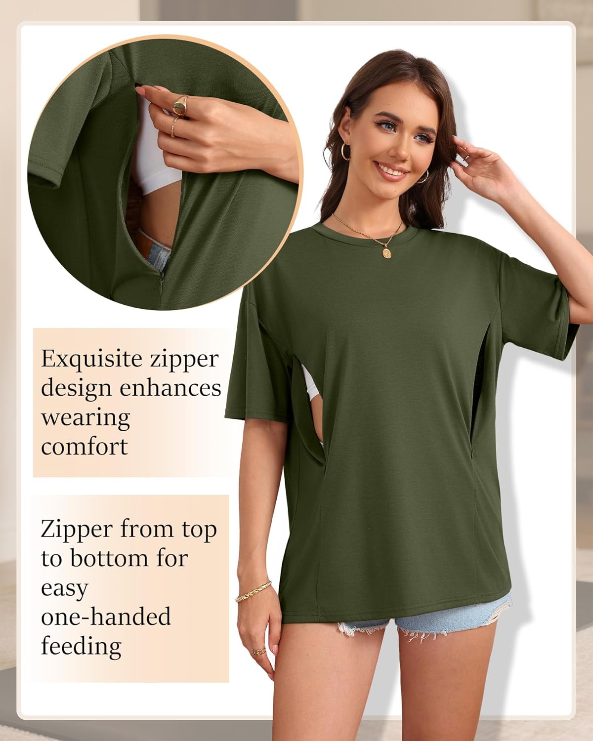 3 Pack Women's Oversize Nursing Breastfeeding Shirts Hidden Zipper Short Sleeve Loose Fit Maternity Tops - Image 5