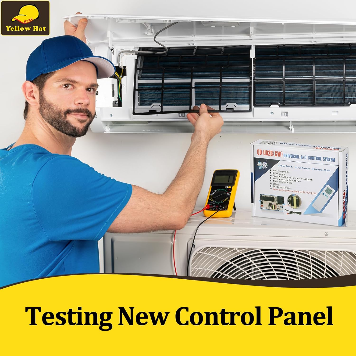 Technician testing a newly installed AC control panel
