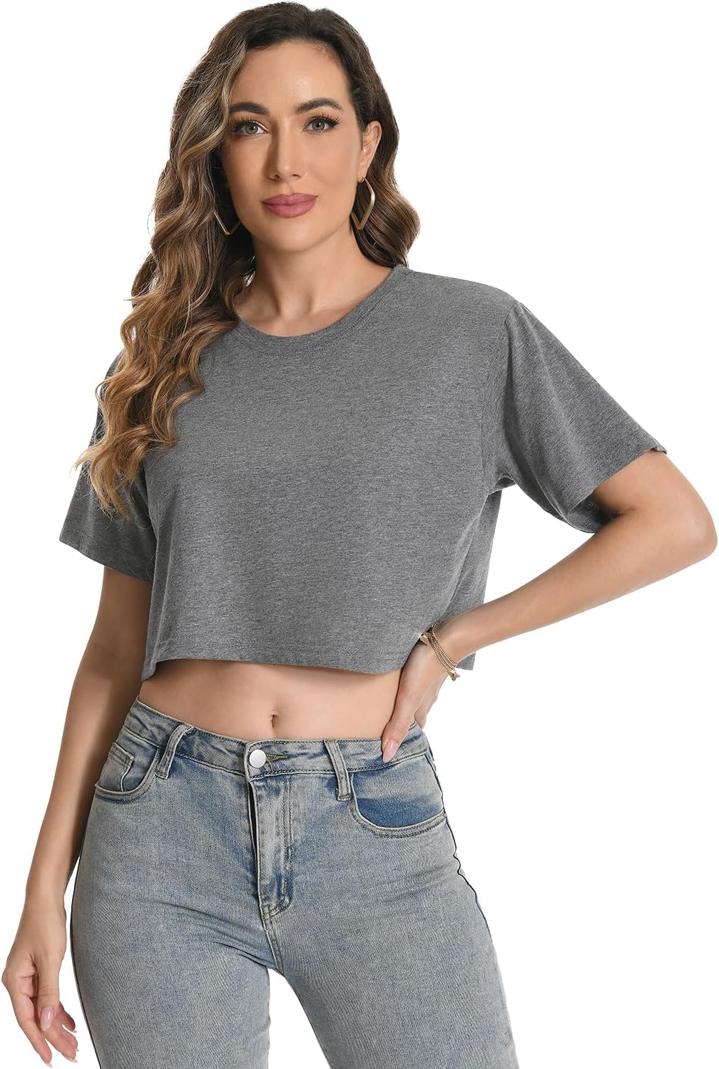 Femdouce 4 Pack Women's Workout Crop T Shirts Cotton Round Neck Short Sleeve Tops Trendy Casual Athletic Running Tees - Image 3