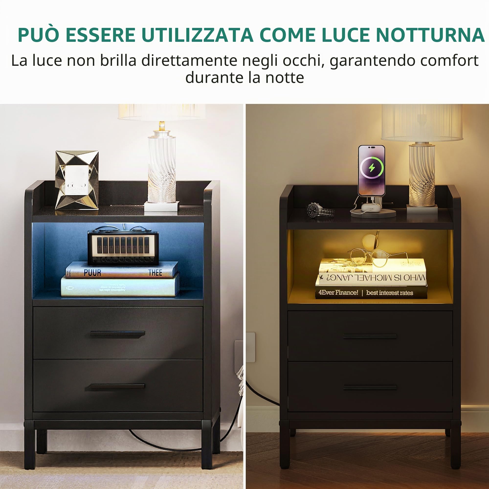YITAHOME Comodino con stazione di ricarica, comodino nero con LED e presa di corrente, comodino con 2 cassetti e 1 scomparto Nightstand, tavolino per soggiorno, camera da letto