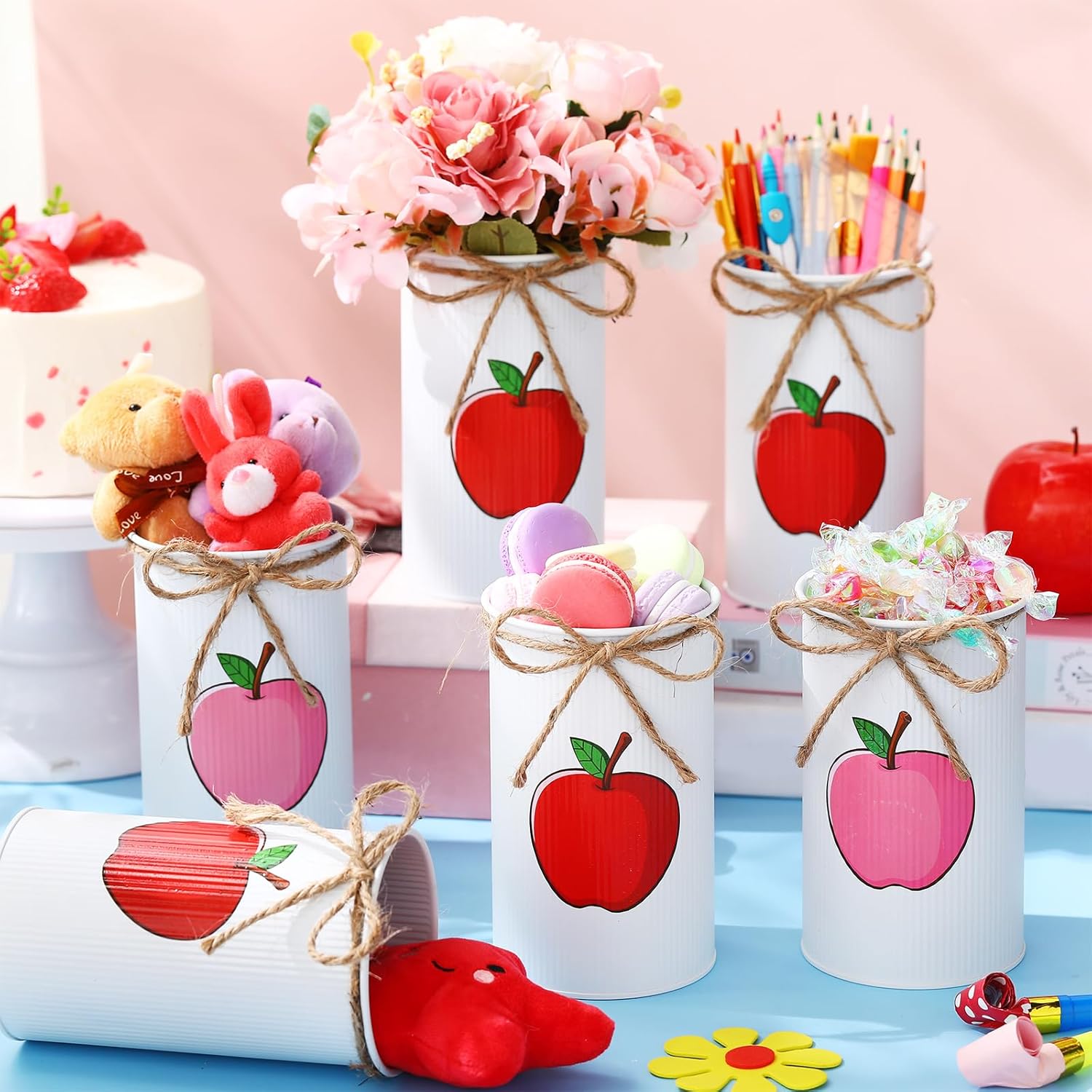 Domensi 8 Pcs Fall Apple Decorations Apple Vases Autumn Thanksgiving Table Centerpieces Galvanized Metal Vase for Flower Mason Jar Utensil Holder for Home Office Party Decor Teacher Appreciation Gift