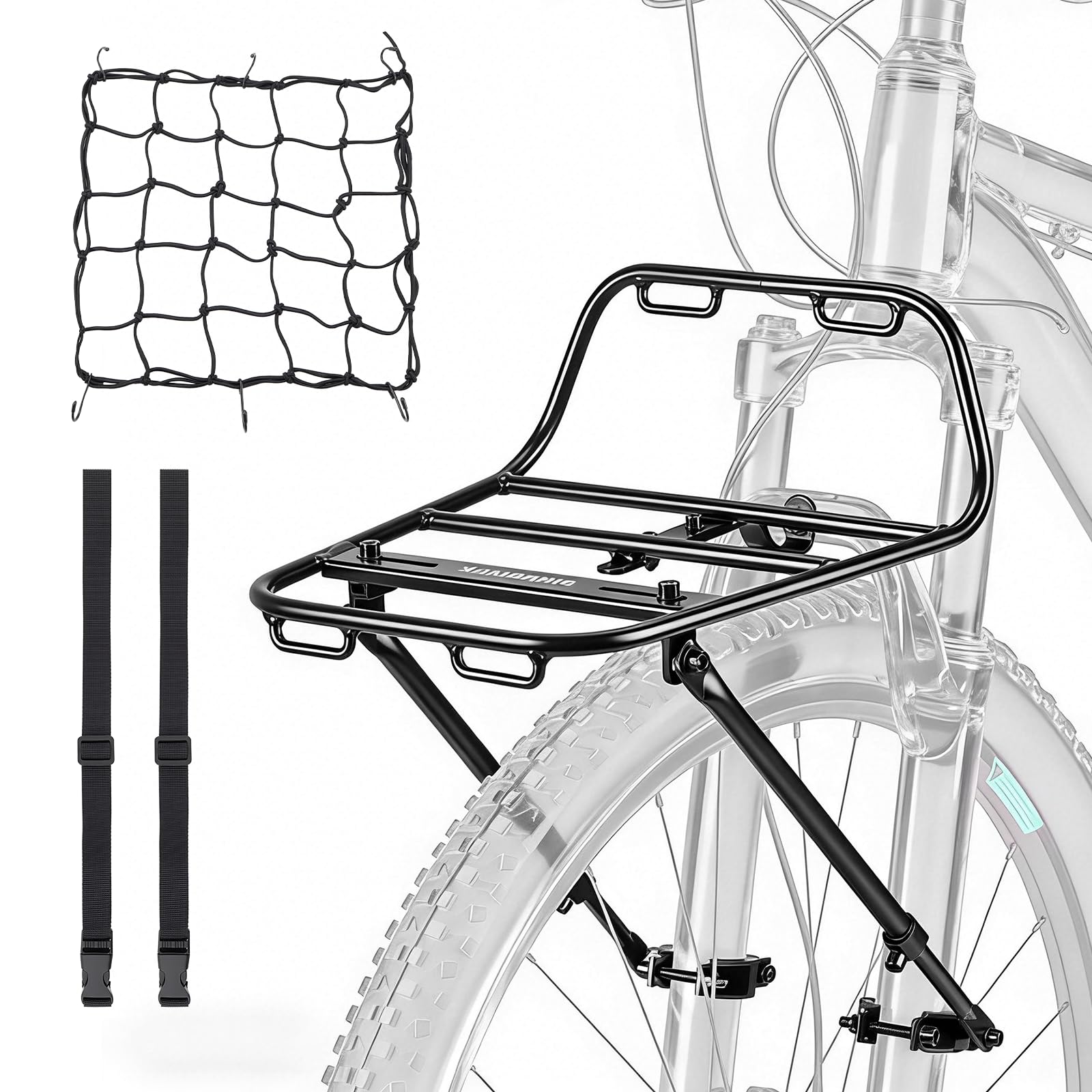 Bagażnik rowerowy z przodu, regulowany, do rowerów górskich o średnicy 22-29", stop aluminium, pojemność 10 kg, 2 metody montażu do rowerów MTB, z siatką i liną