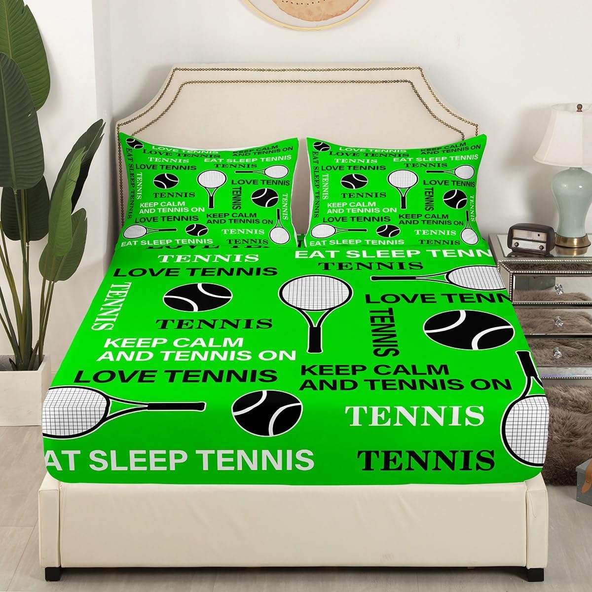 Castle Fairy Tennis Boys Bed Sheets Full Size,Ball Sports Games Bedding Set 4Pcs for Kids Teens Men Room Decor,Tennis Player Fitted Sheet Fashion Bright Green Quilted Top Flat Sheet,2 Pillowcases