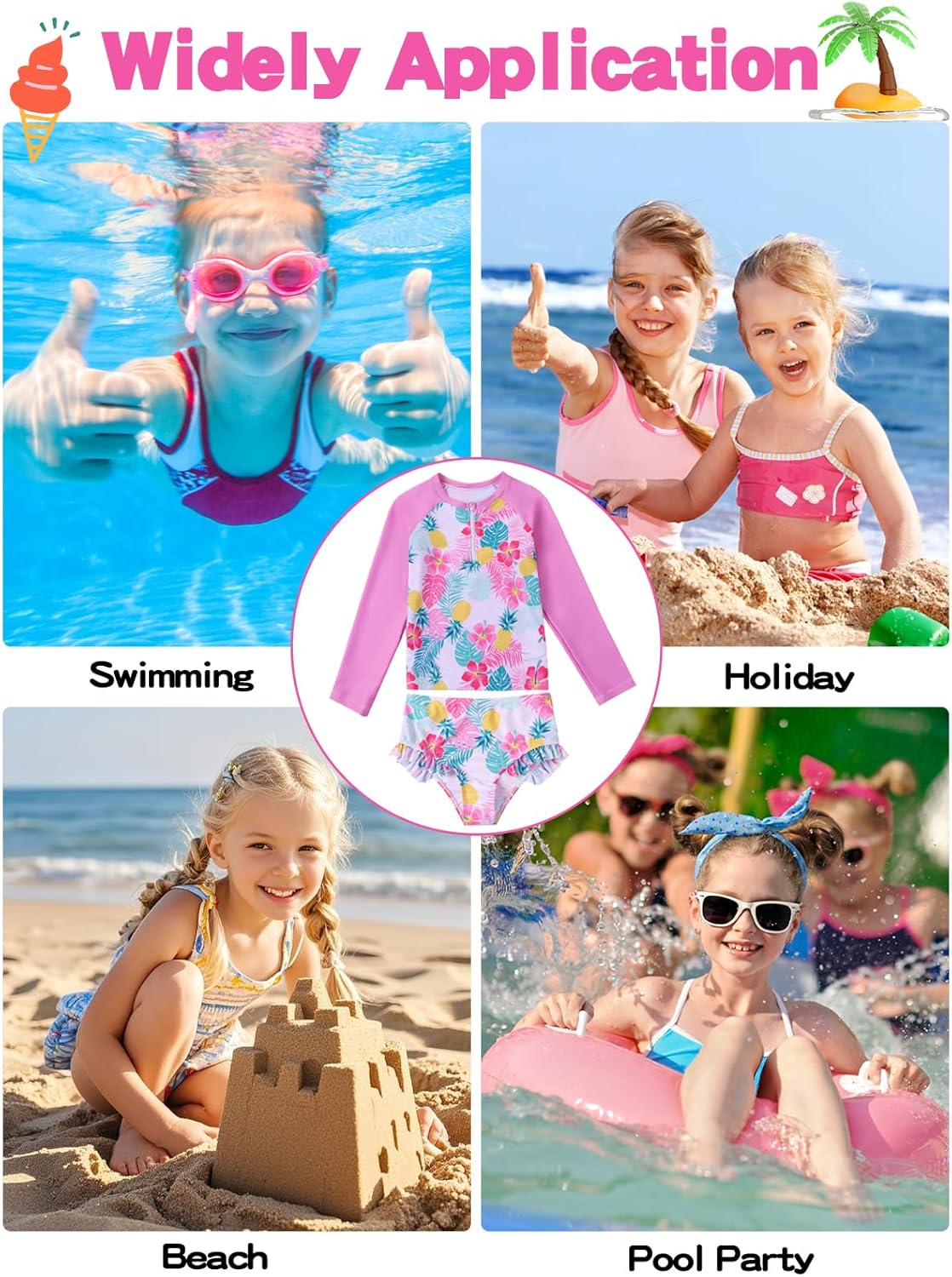 Valcatch Girls Rash Guard Swimsuit Set 2 Piece Long Sleeve UPF 50+ Quick Dry Bathing Suit with Ruffle Shorts for Kids - Image 7