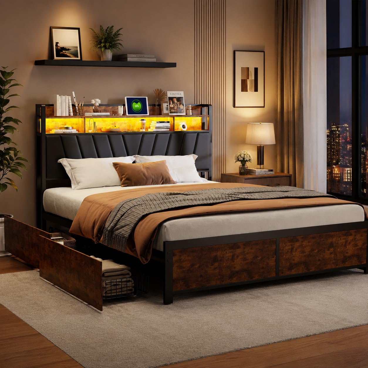 Łóżko podwójne 180 x 200 cm z USB, metalowa rama łóżka z stelażem i zagłówkiem, łóżko do sypialni w stylu vintage, brązowo-czarny, poliuretan, bez materaca (brązowe i